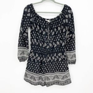 LA Hearts Romper Size M Off The Shoulder Ling Sleeve Tie Front Printed Paisley